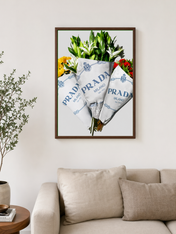 Prada Flower Bouquets Fashion Wall Art Print - dark wood framed