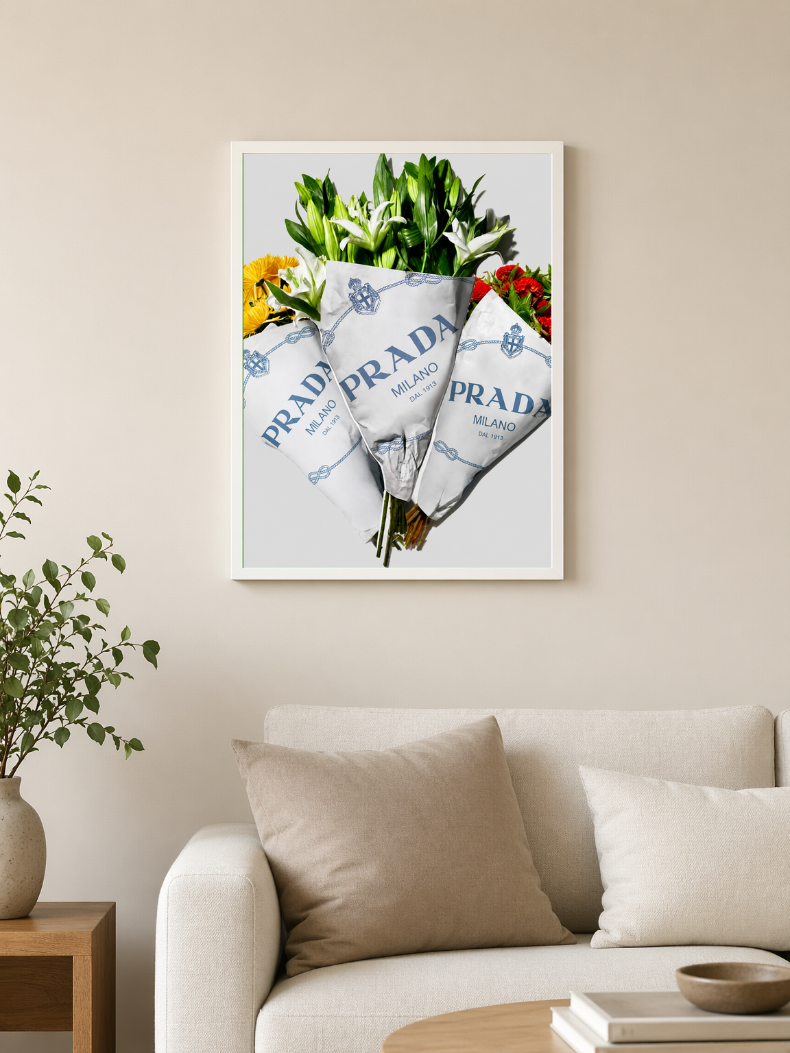 Prada Flower Bouquets Fashion Wall Art Print - white framed