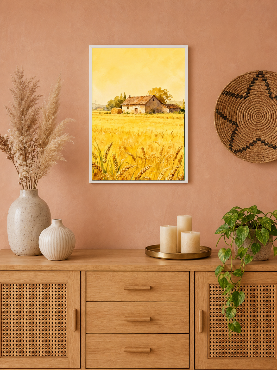 Golden Wheat Field Farmhouse Wall Art Print - white framed
