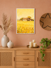 Golden Wheat Field Farmhouse Wall Art Print - white framed