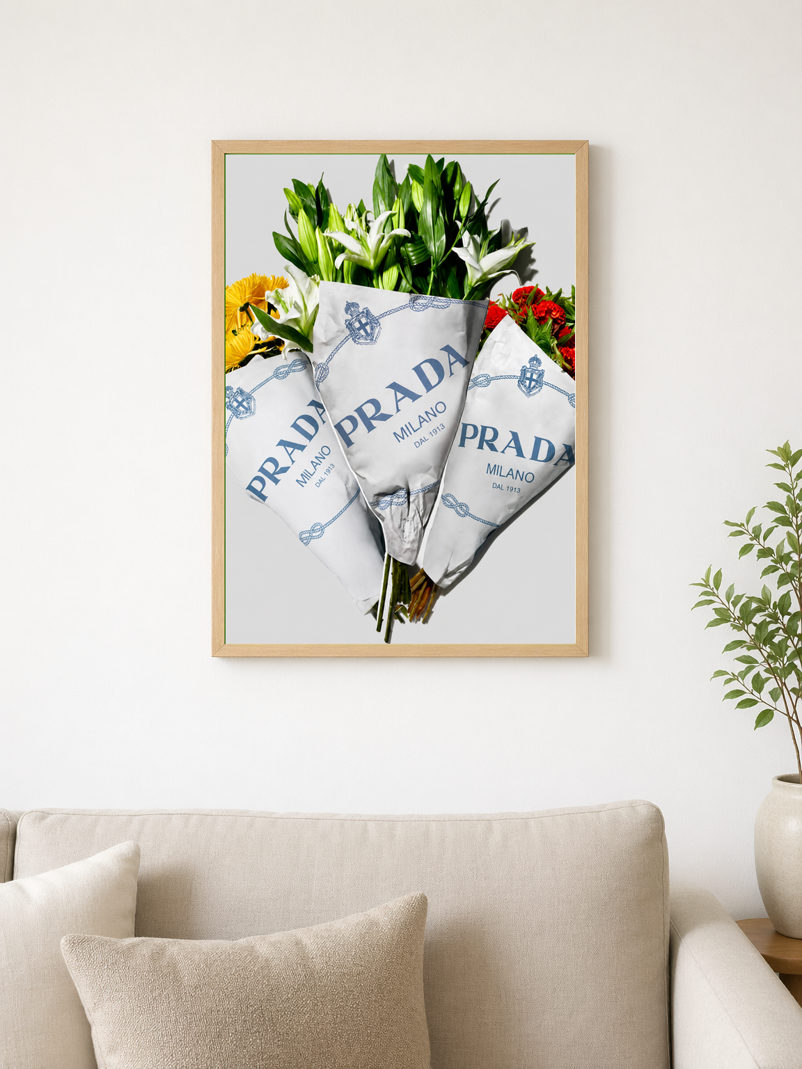Prada Flower Bouquets Fashion Wall Art Print - wood framed poster
