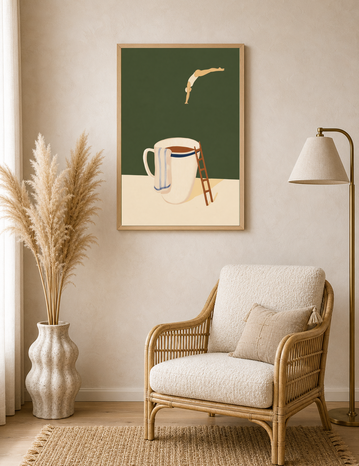 Minimal Swimmer Coffee Cup Wall Art Print - wood framed poster