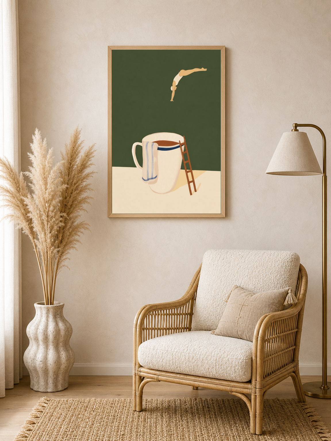 Minimal Swimmer Coffee Cup Wall Art Print - wood framed poster