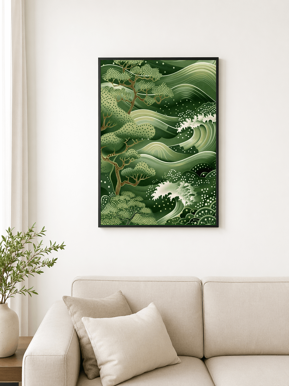 Green Japanese Wave & Pine Wall Art Print - black framed