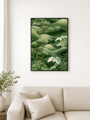 Green Japanese Wave & Pine Wall Art Print - black framed