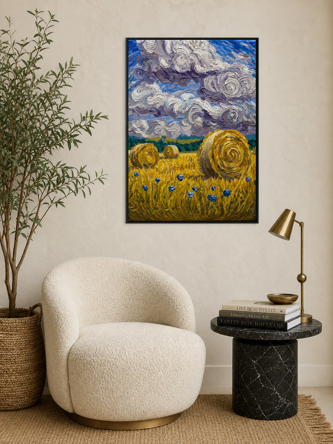 Swirled Hay Bales Landscape Wall Art Print - black framed