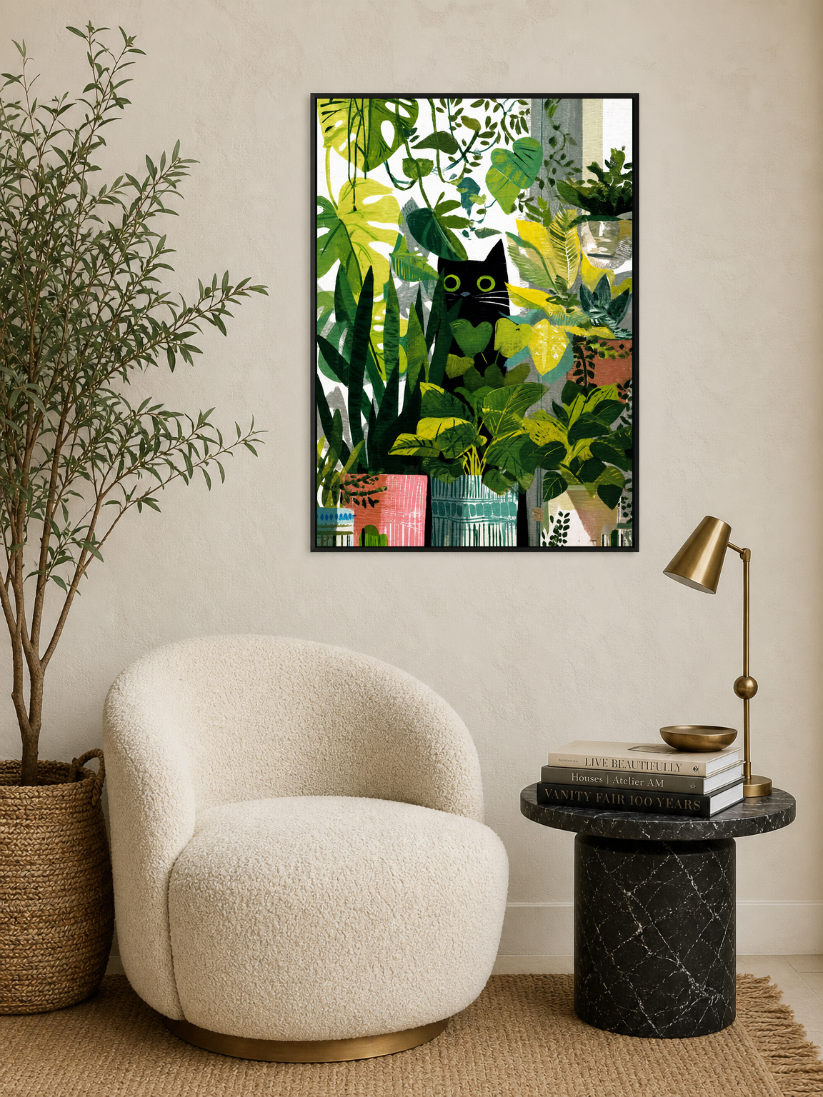 Black Cat Jungle Houseplants Wall Art Print - black framed