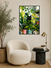 Black Cat Jungle Houseplants Wall Art Print - black framed