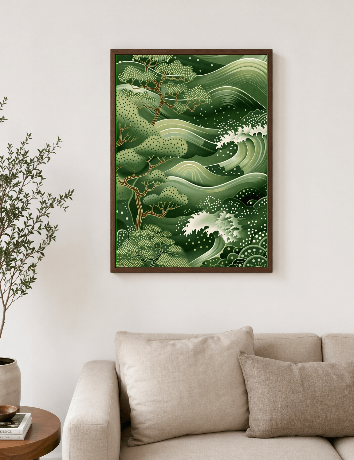 Green Japanese Wave & Pine Wall Art Print - dark wood framed