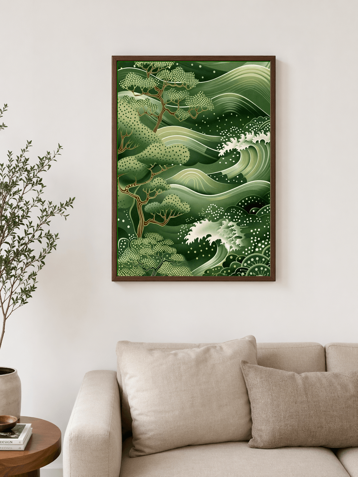 Green Japanese Wave & Pine Wall Art Print - dark wood framed