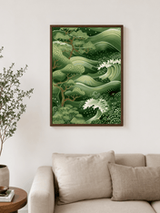 Green Japanese Wave & Pine Wall Art Print - dark wood framed
