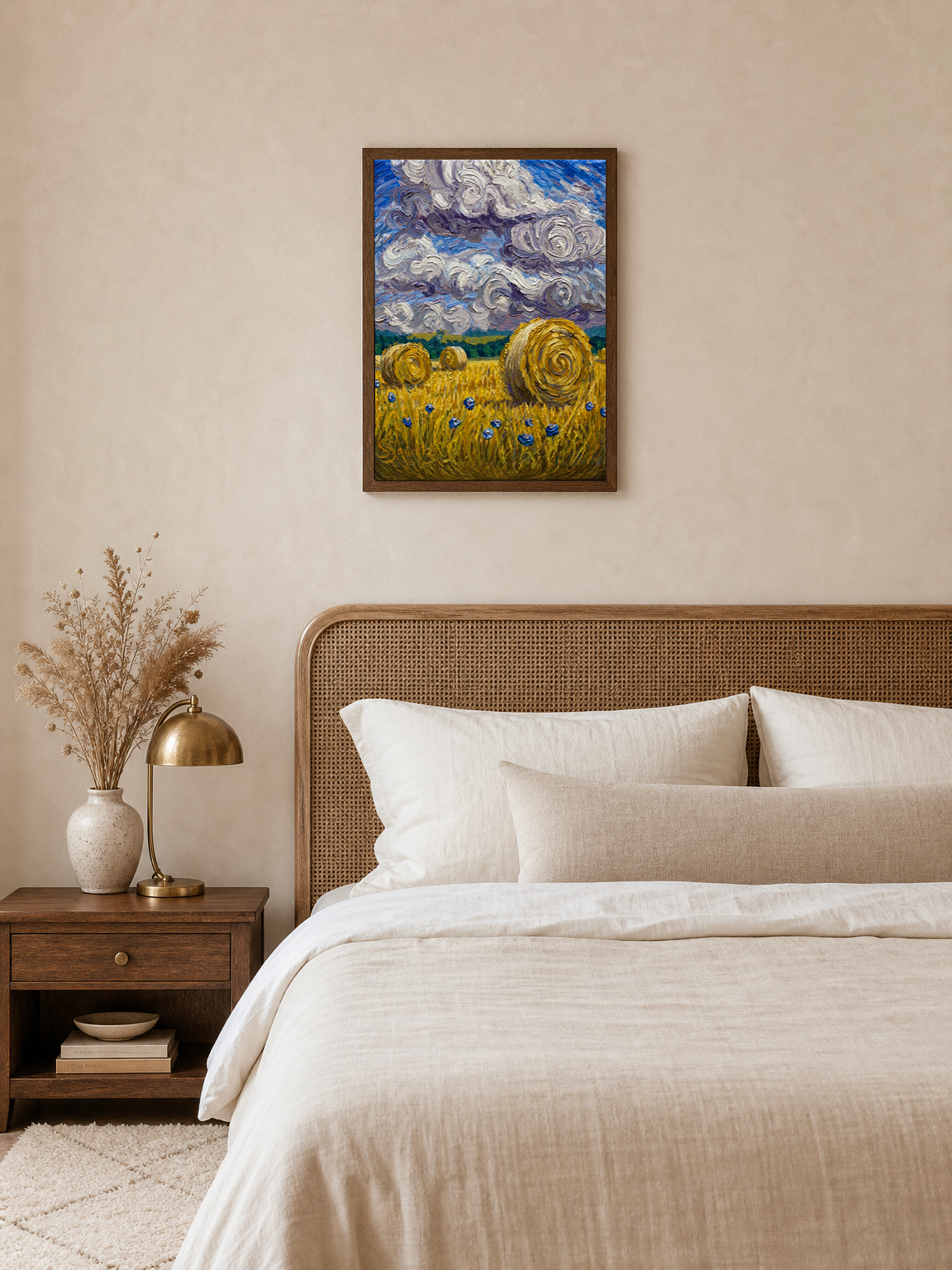 Swirled Hay Bales Landscape Wall Art Print - dark wood framed
