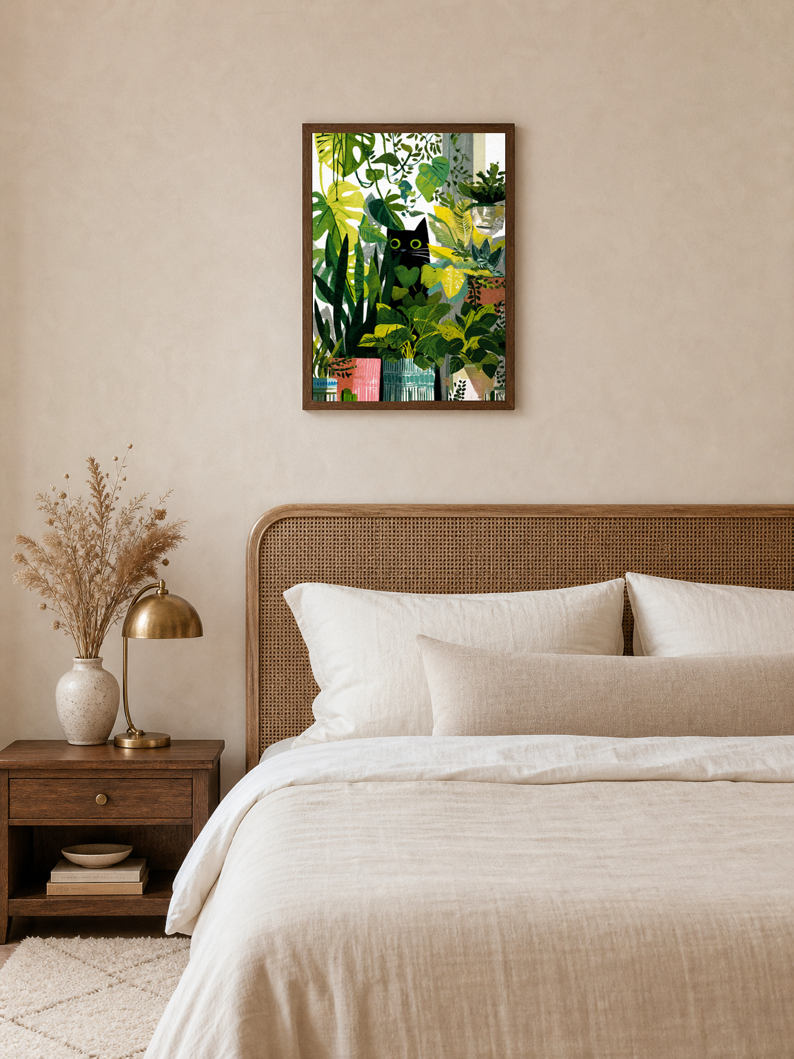 Black Cat Jungle Houseplants Wall Art Print - dark wood framed