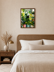 Black Cat Jungle Houseplants Wall Art Print - dark wood framed