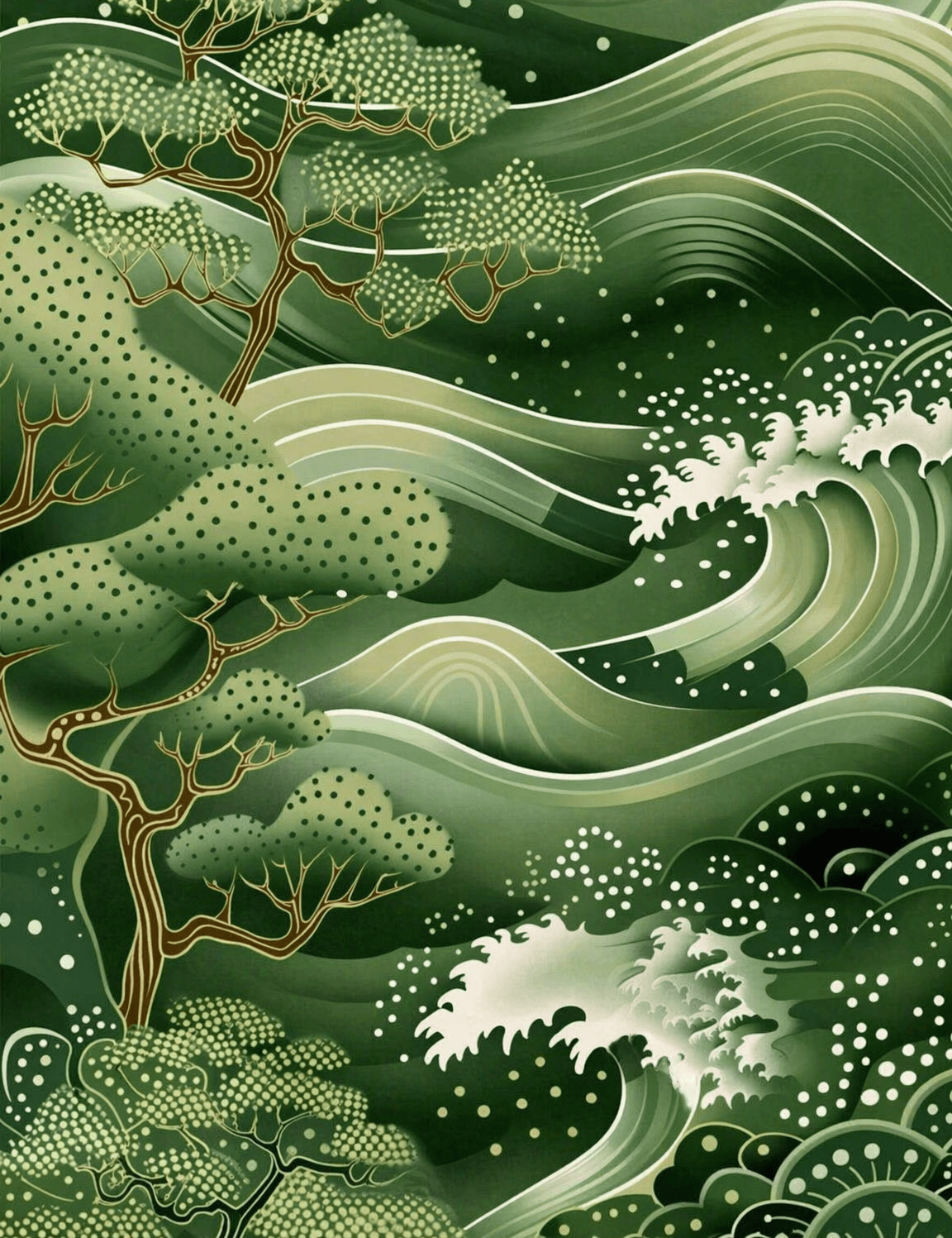 Green Japanese Wave & Pine Wall Art Print - unframed