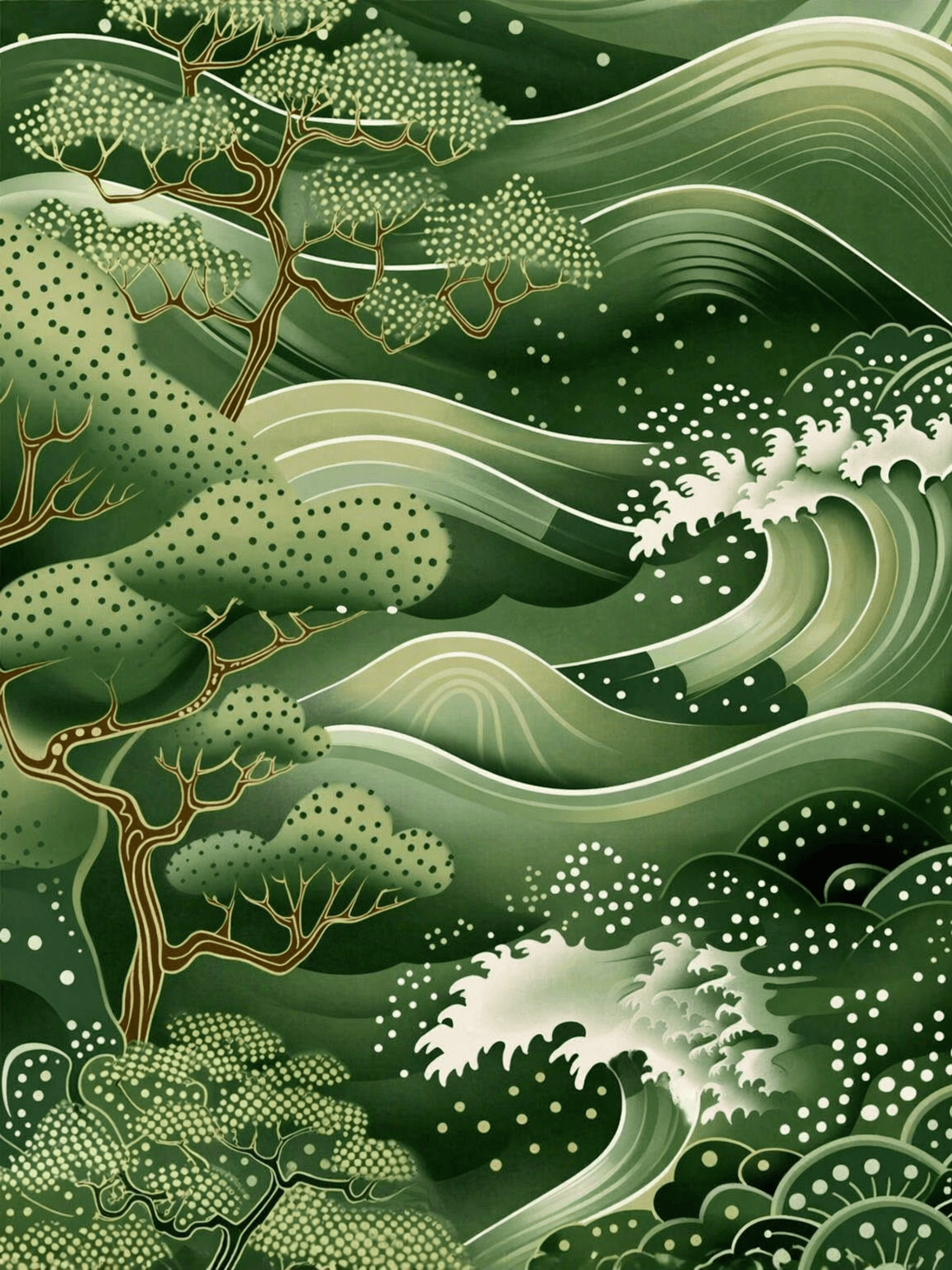 Green Japanese Wave & Pine Wall Art Print - unframed