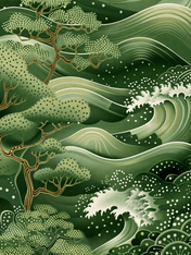 Green Japanese Wave & Pine Wall Art Print - unframed