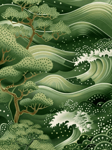 Green Japanese Wave & Pine Wall Art Print