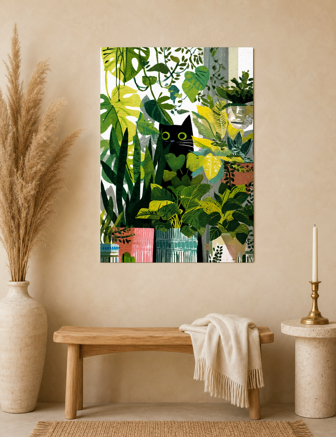 Black Cat Jungle Houseplants Wall Art Print - unframed mockup