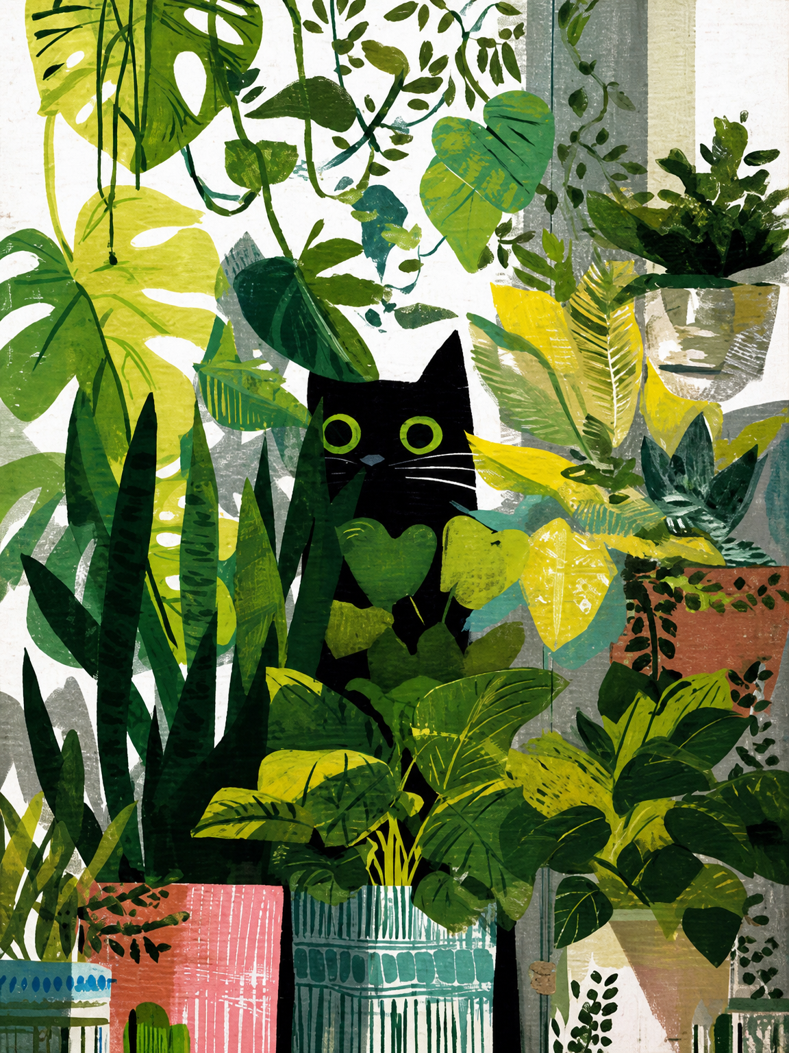 Black Cat Jungle Houseplants Wall Art Print - unframed