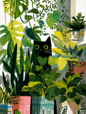 Black Cat Jungle Houseplants Wall Art Print - unframed