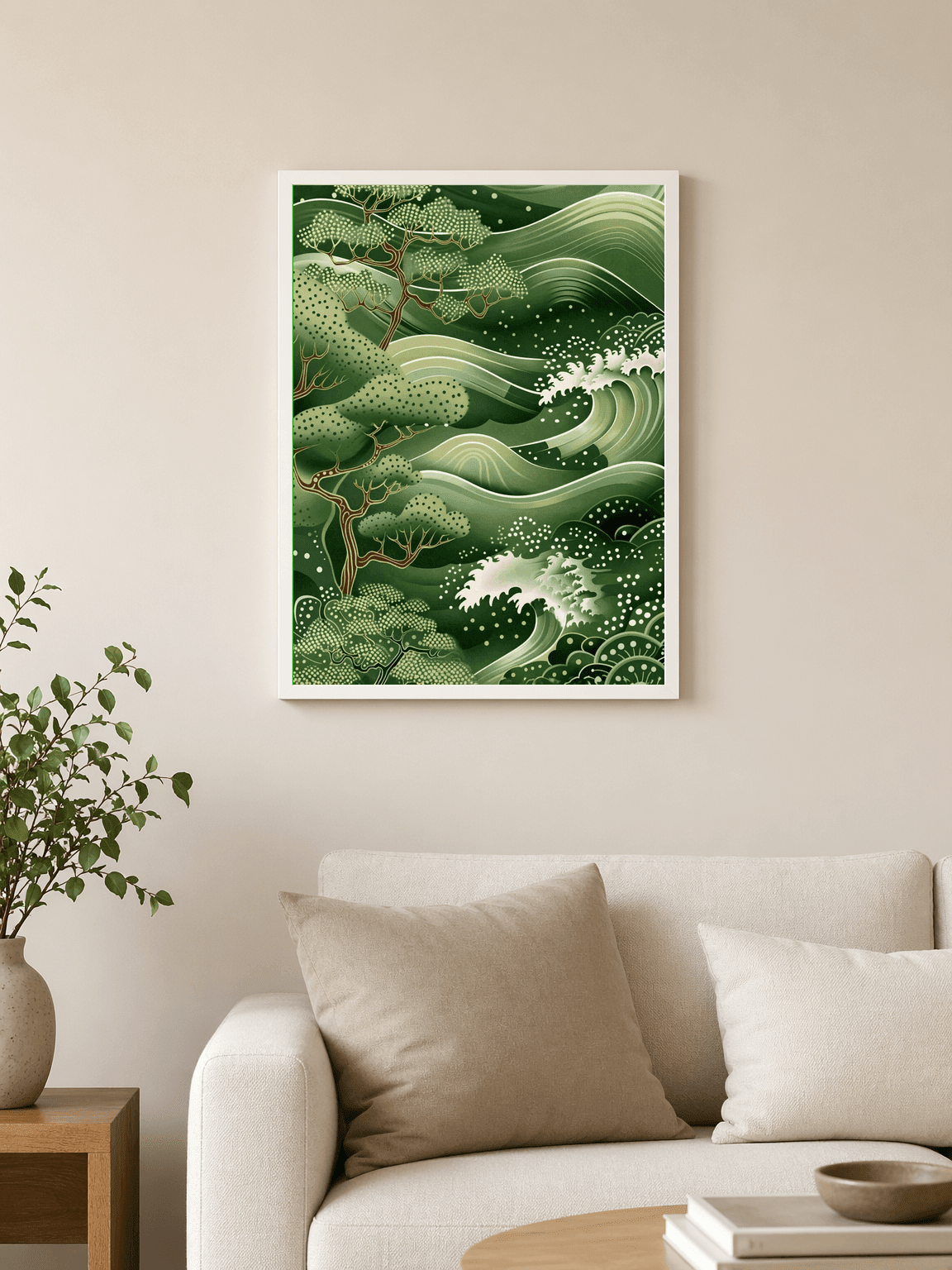 Green Japanese Wave & Pine Wall Art Print - white framed