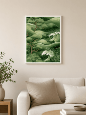 Green Japanese Wave & Pine Wall Art Print - white framed