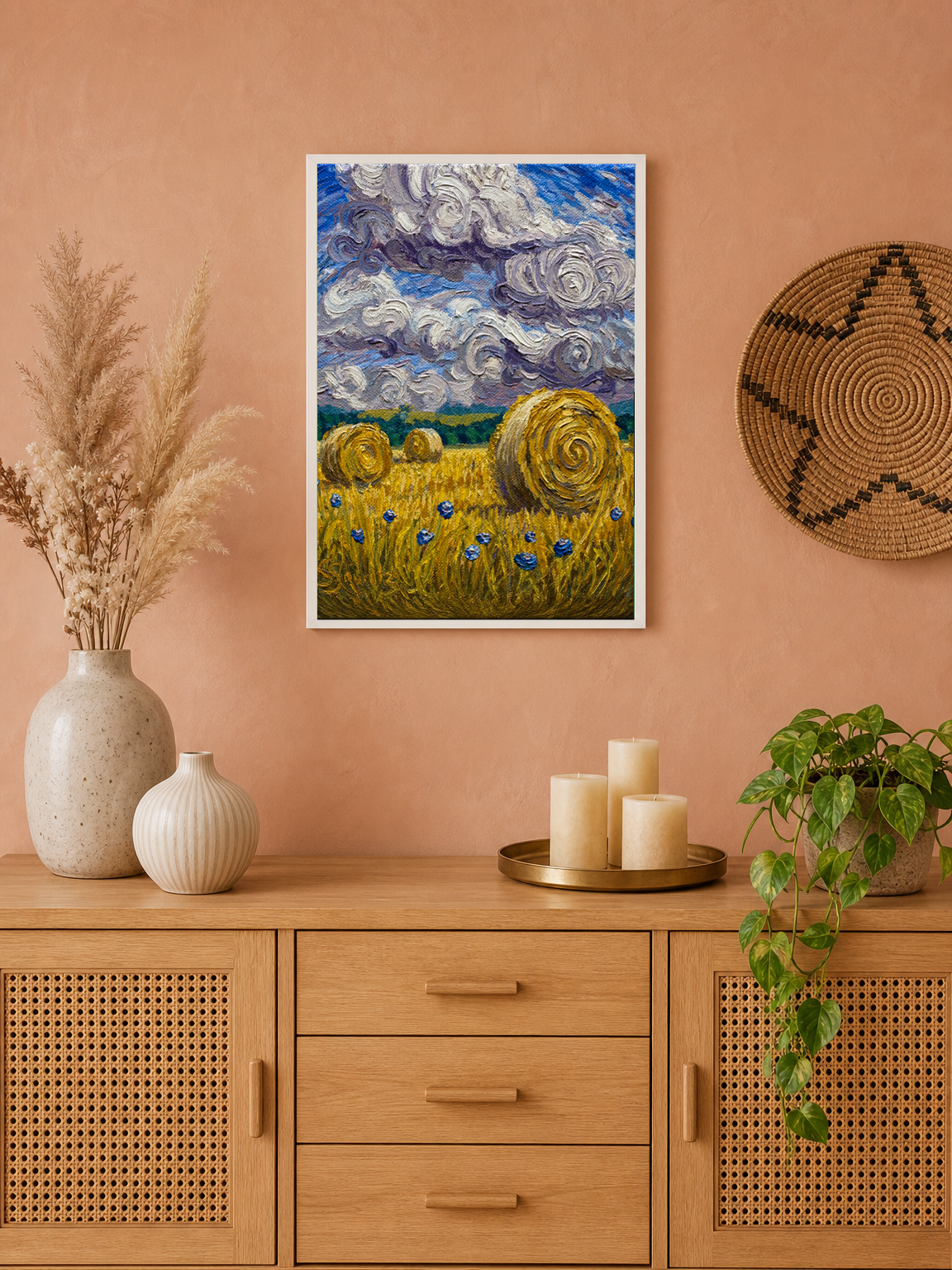 Swirled Hay Bales Landscape Wall Art Print - white framed