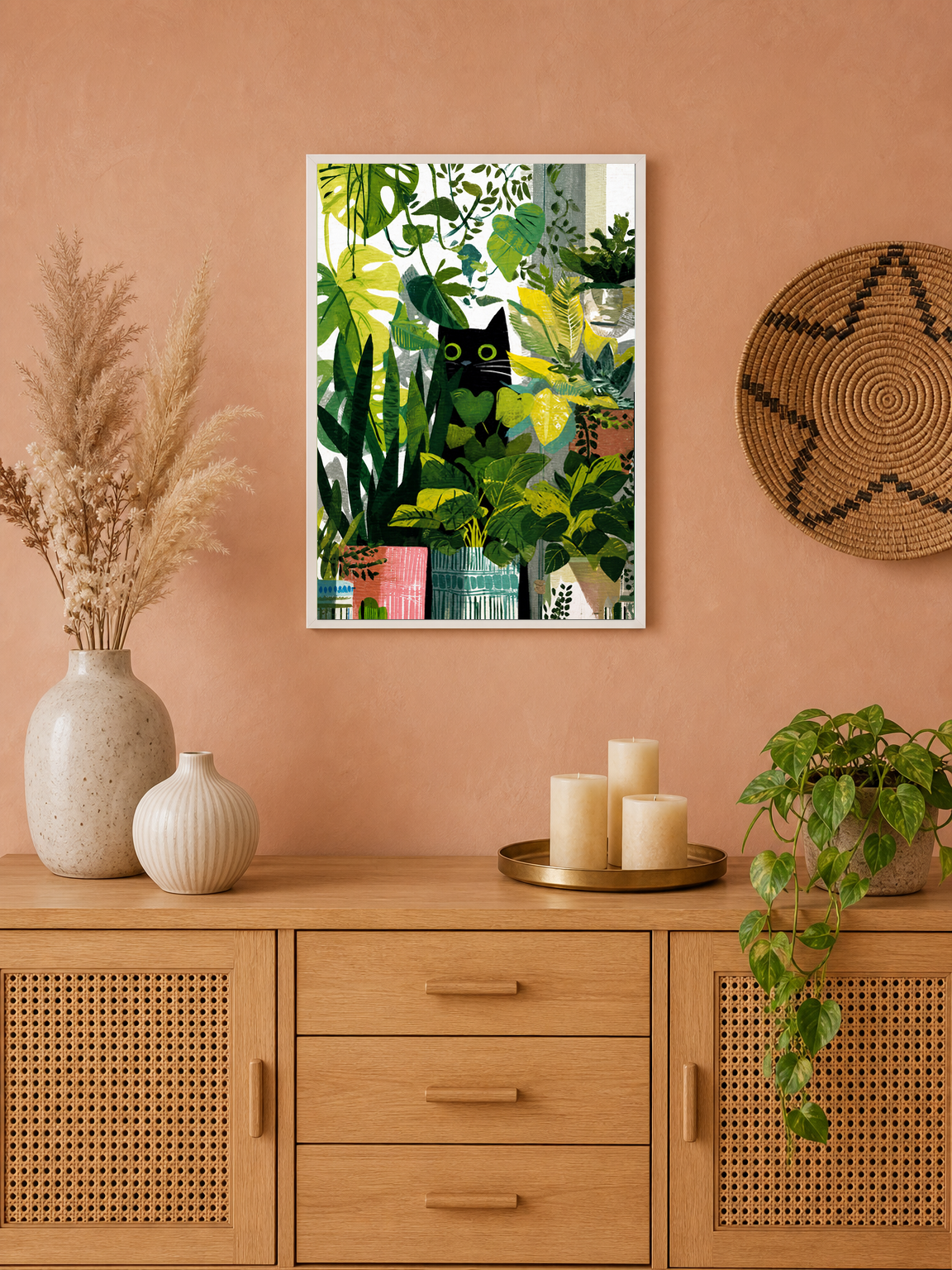 Black Cat Jungle Houseplants Wall Art Print - white framed