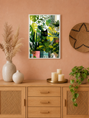 Black Cat Jungle Houseplants Wall Art Print - white framed