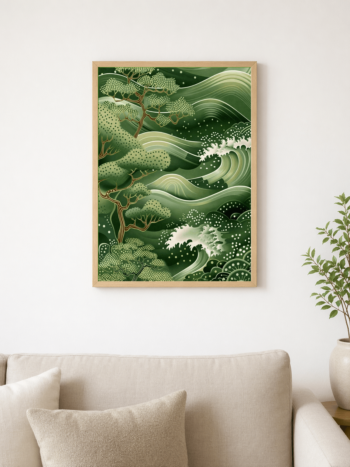Green Japanese Wave & Pine Wall Art Print - wood framed poster