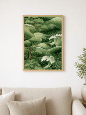 Green Japanese Wave & Pine Wall Art Print - wood framed poster