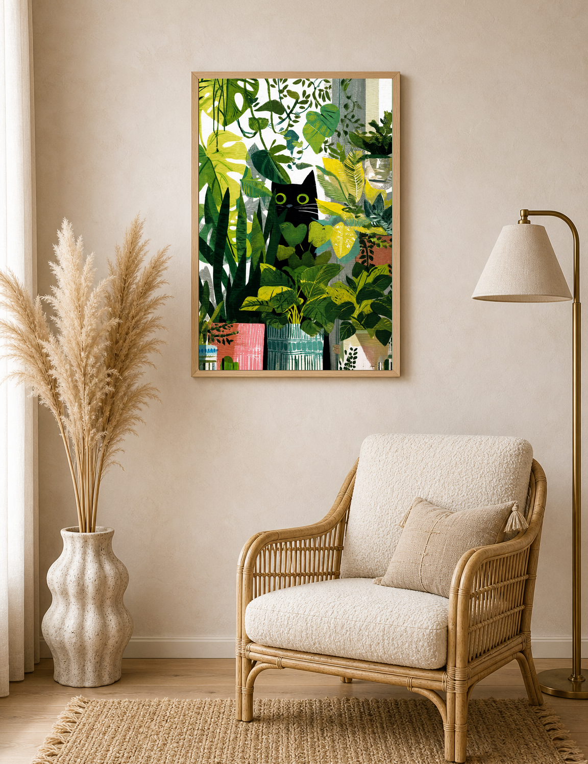 Black Cat Jungle Houseplants Wall Art Print - wood framed poster