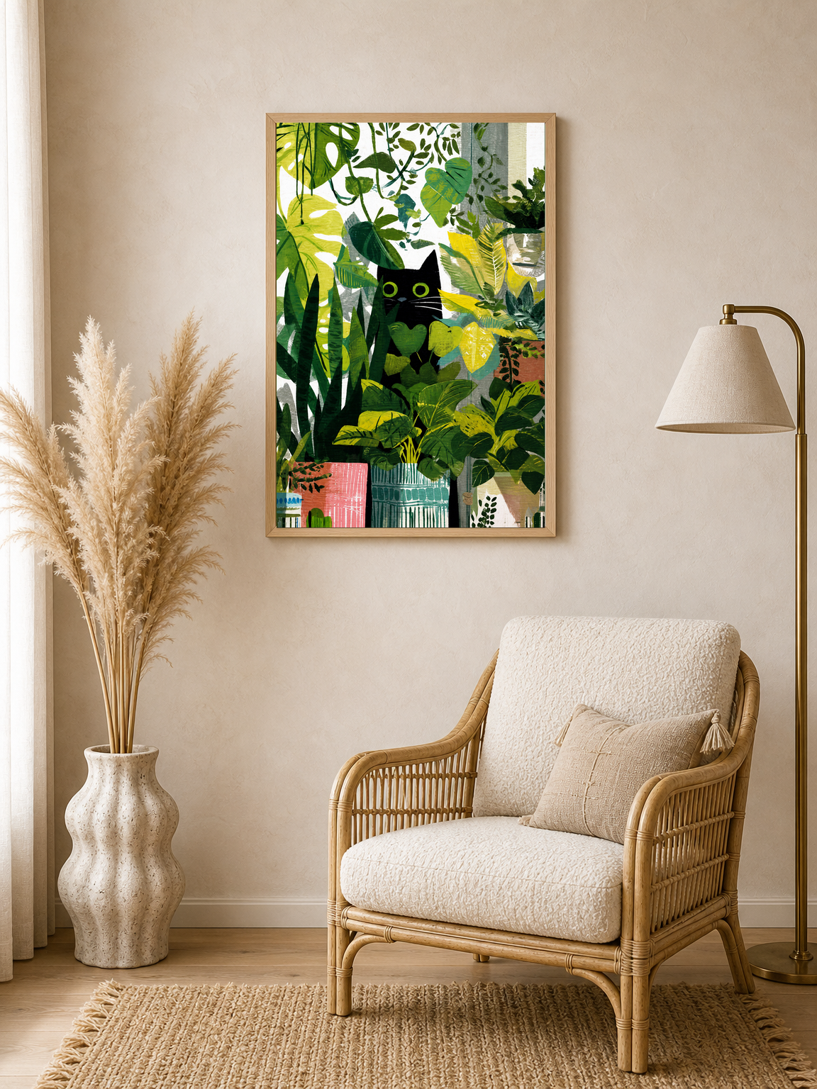 Black Cat Jungle Houseplants Wall Art Print - wood framed poster