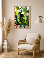 Black Cat Jungle Houseplants Wall Art Print - wood framed poster