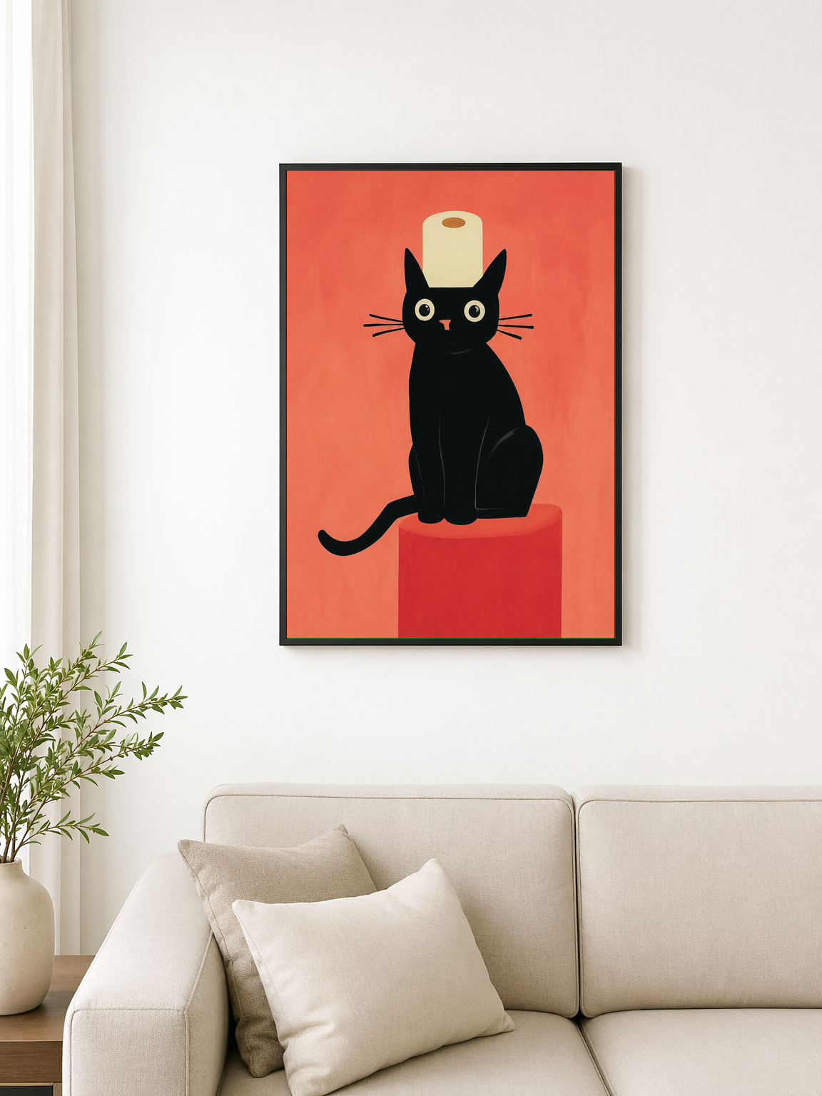 Black Cat with Toilet Paper Wall Art Print - black framed