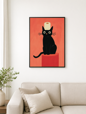 Black Cat with Toilet Paper Wall Art Print - black framed