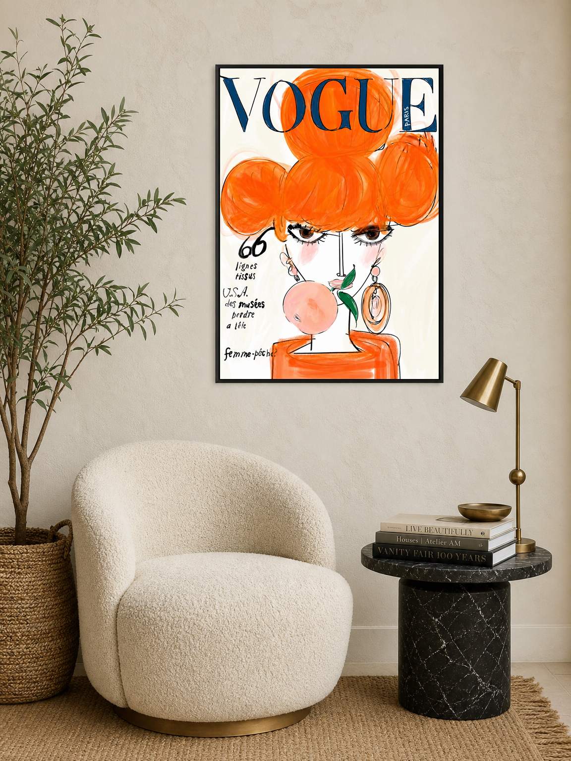 Orange Vogue Paris Fashion Illustration Wall Art Print - black framed