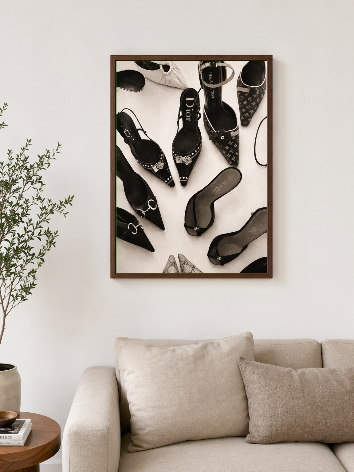 Designer Heels Fashion Wall Art Print - dark wood framed