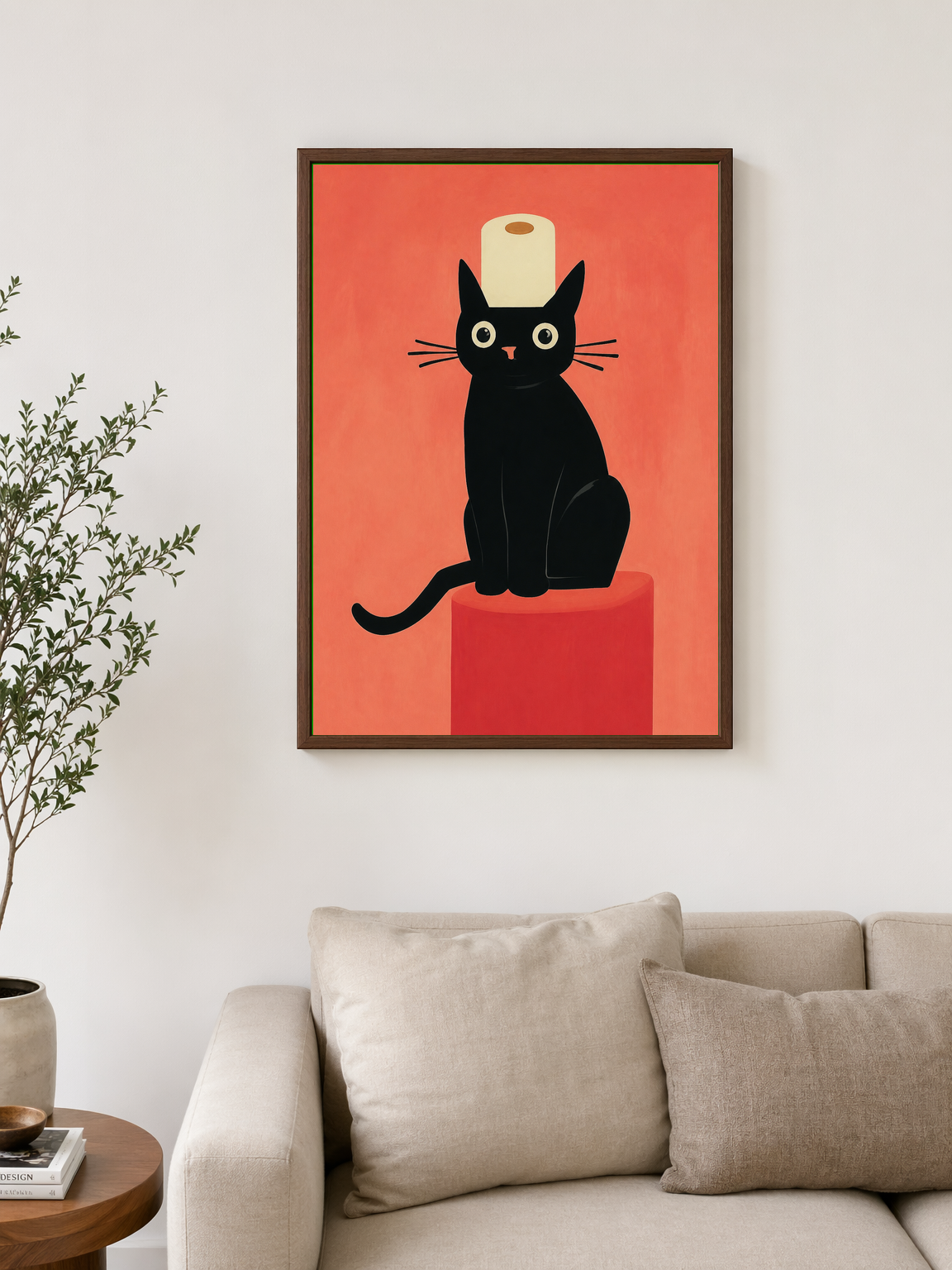 Black Cat with Toilet Paper Wall Art Print - dark wood framed