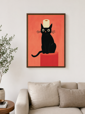Black Cat with Toilet Paper Wall Art Print - dark wood framed
