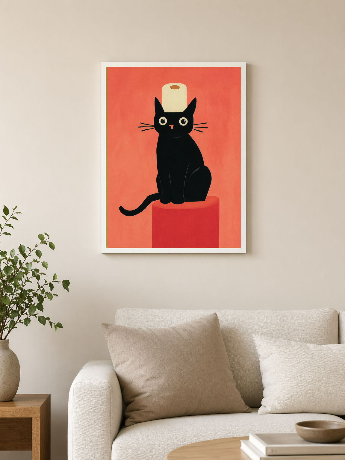 Black Cat with Toilet Paper Wall Art Print - white framed