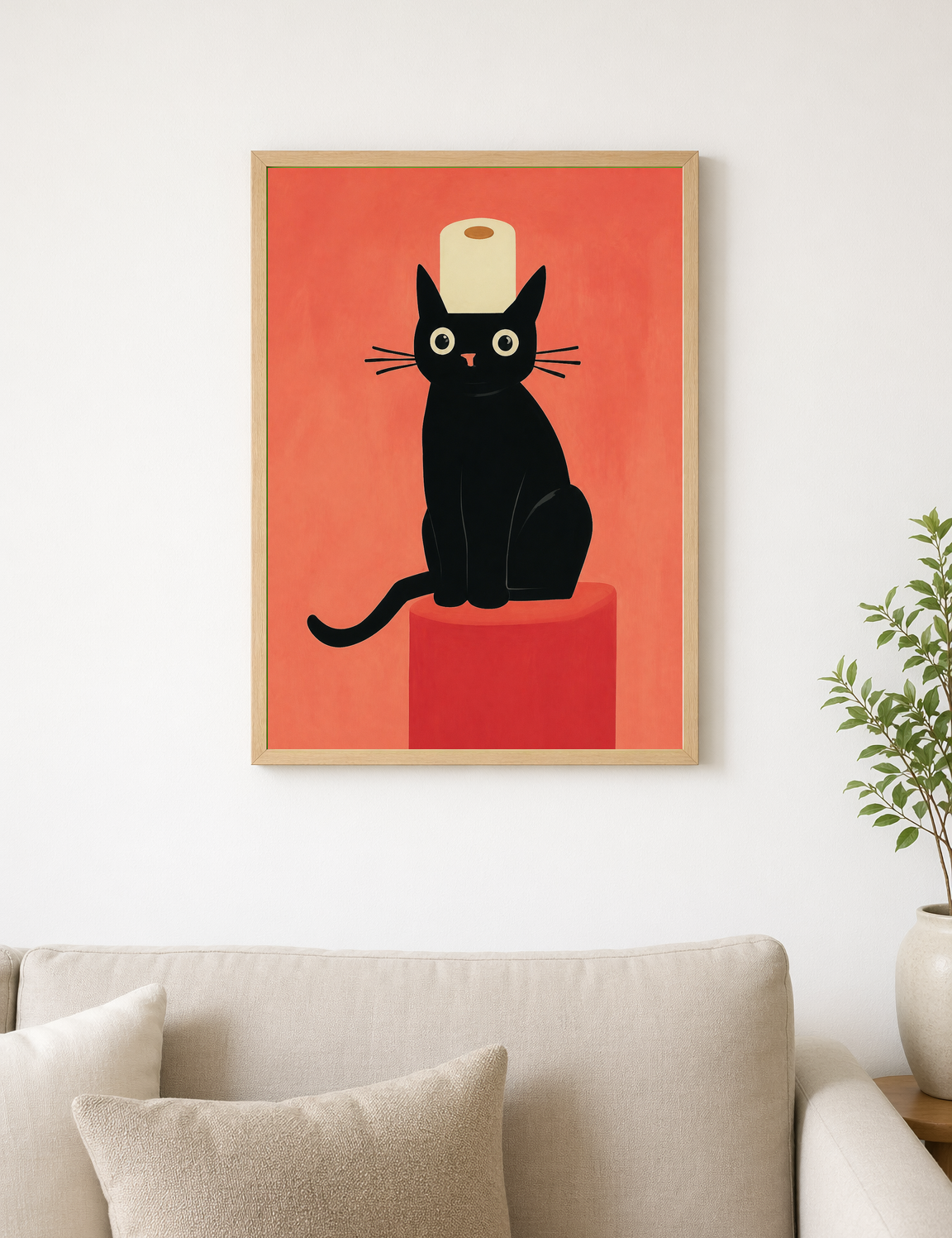 Black Cat with Toilet Paper Wall Art Print - wood framed poster