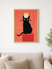 Black Cat with Toilet Paper Wall Art Print - wood framed poster