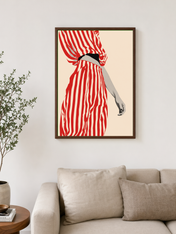 Red Striped Fashion Figure Wall Art Print - dark wood framed
