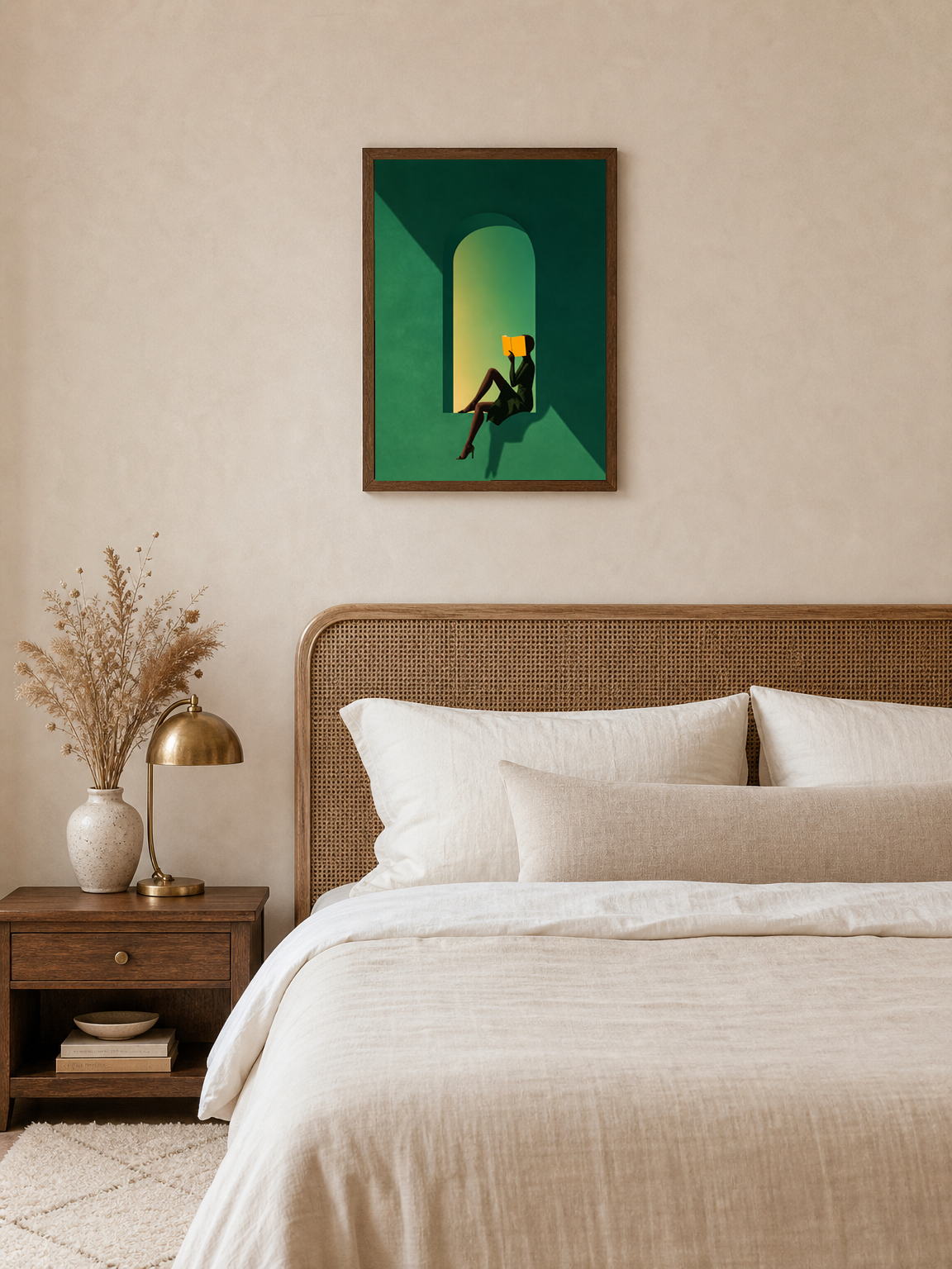 Minimalist Woman Reading Wall Art Print - dark wood framed