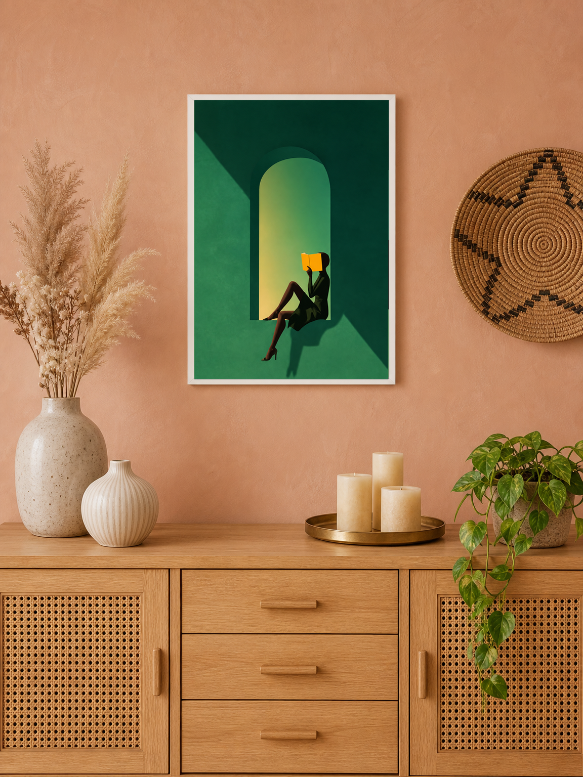 Minimalist Woman Reading Wall Art Print - white framed
