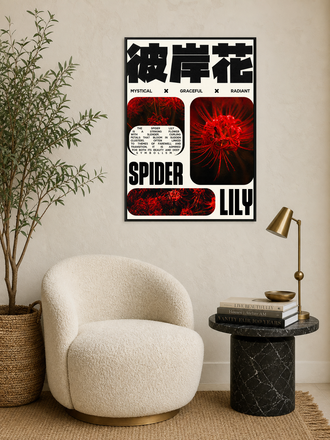 Mystical Spider Lily Wall Art Print Poster - black framed