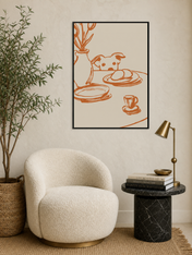 Playful Dog at Breakfast Wall Art Print - black framed