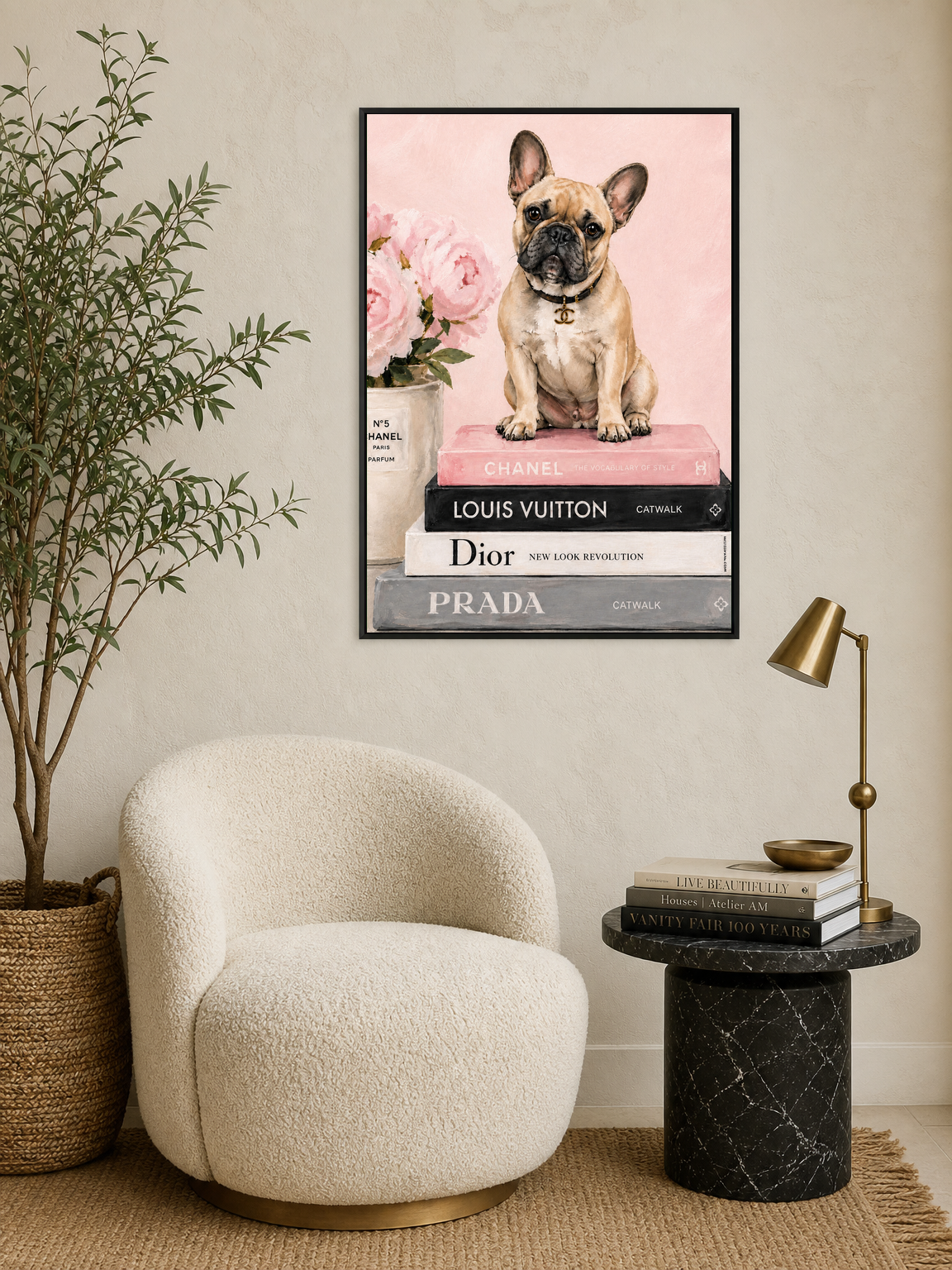 French Bulldog Fashion Books Wall Art Print - black framed